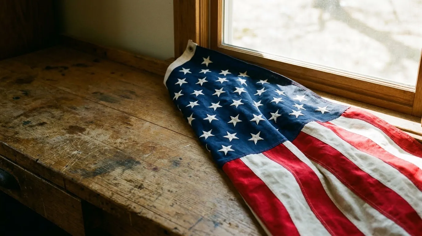 Close-up of a woven cotton American flag showing deep blue wool union and red and white stripes in natural daylight