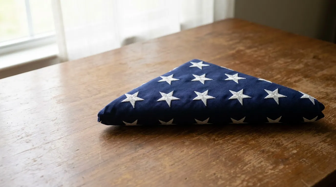 American flag folded into the traditional triangle on a wooden table