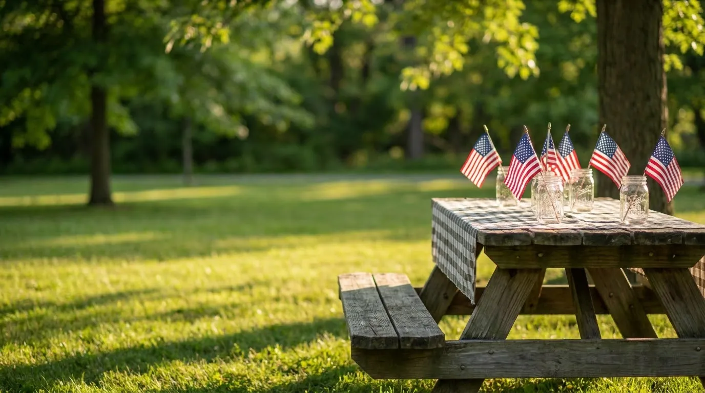 Sunlit outdoor 4th of July picnic table decorated with small American flags under summer trees