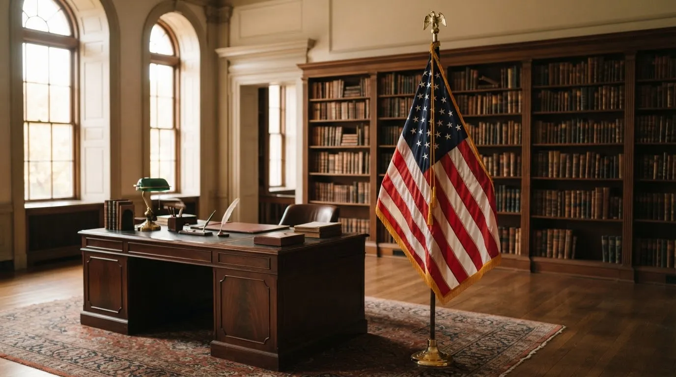 Ceremonial American flag with golden fringe on a polished wooden indoor staff in a sunlit library