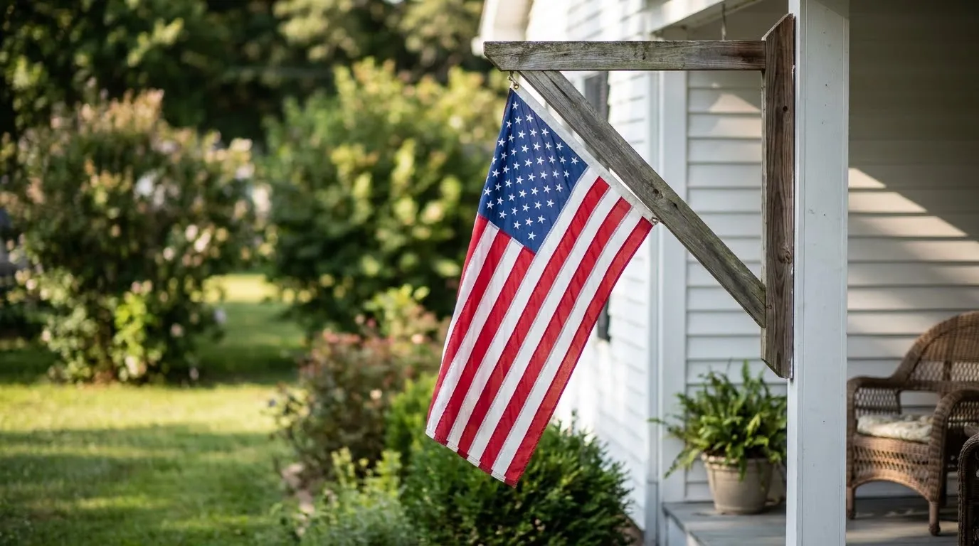 American flag flying from an angled wooden front porch bracket on a clapboard house in morning sunlight