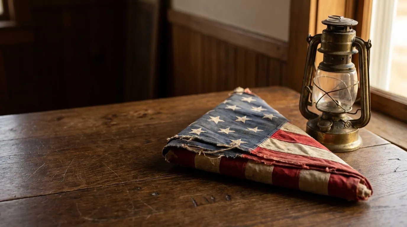 Neatly folded weathered cotton American flag resting on a dark oak table beside a brass lantern