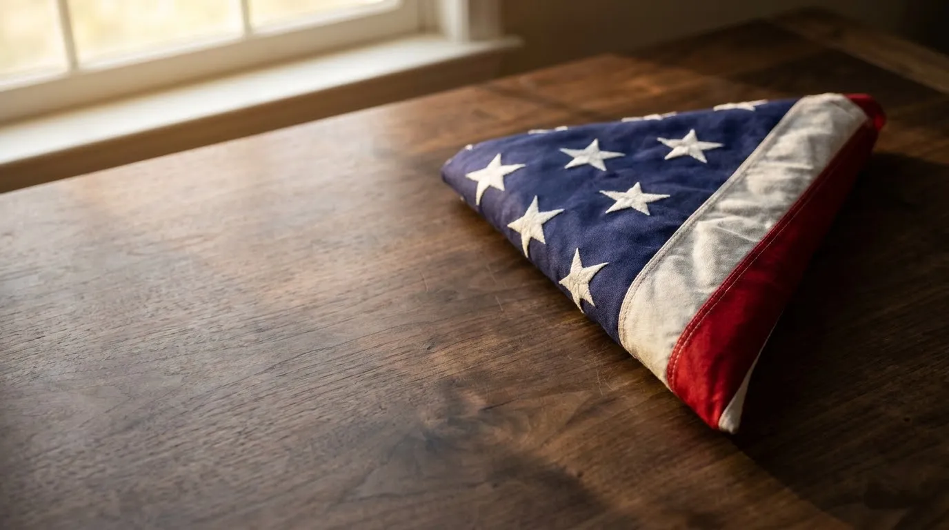 Folded American flag in a neat triangle resting on a dark walnut wooden table in warm light