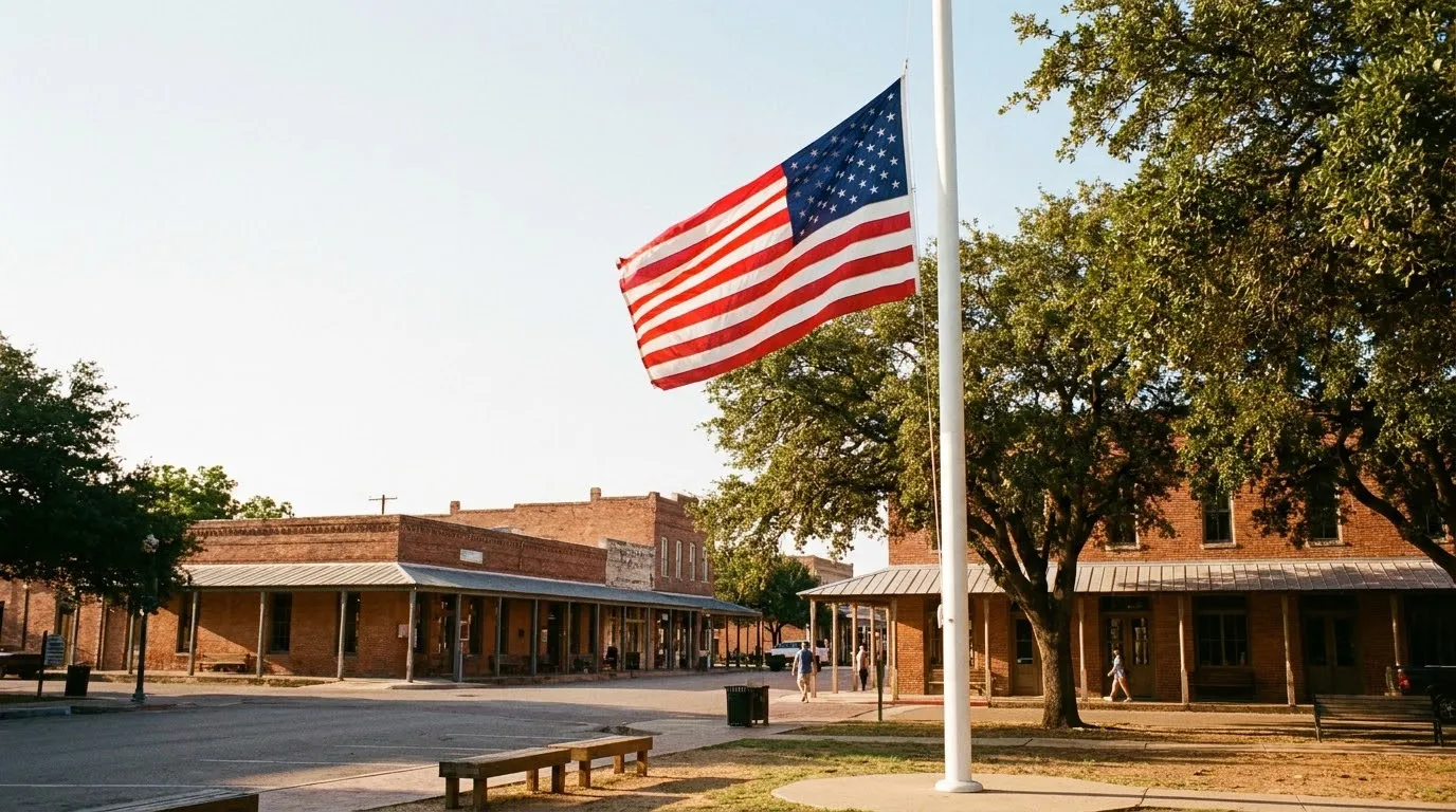 American flag flying in warm June sunlight above a historic brick square for Juneteenth
