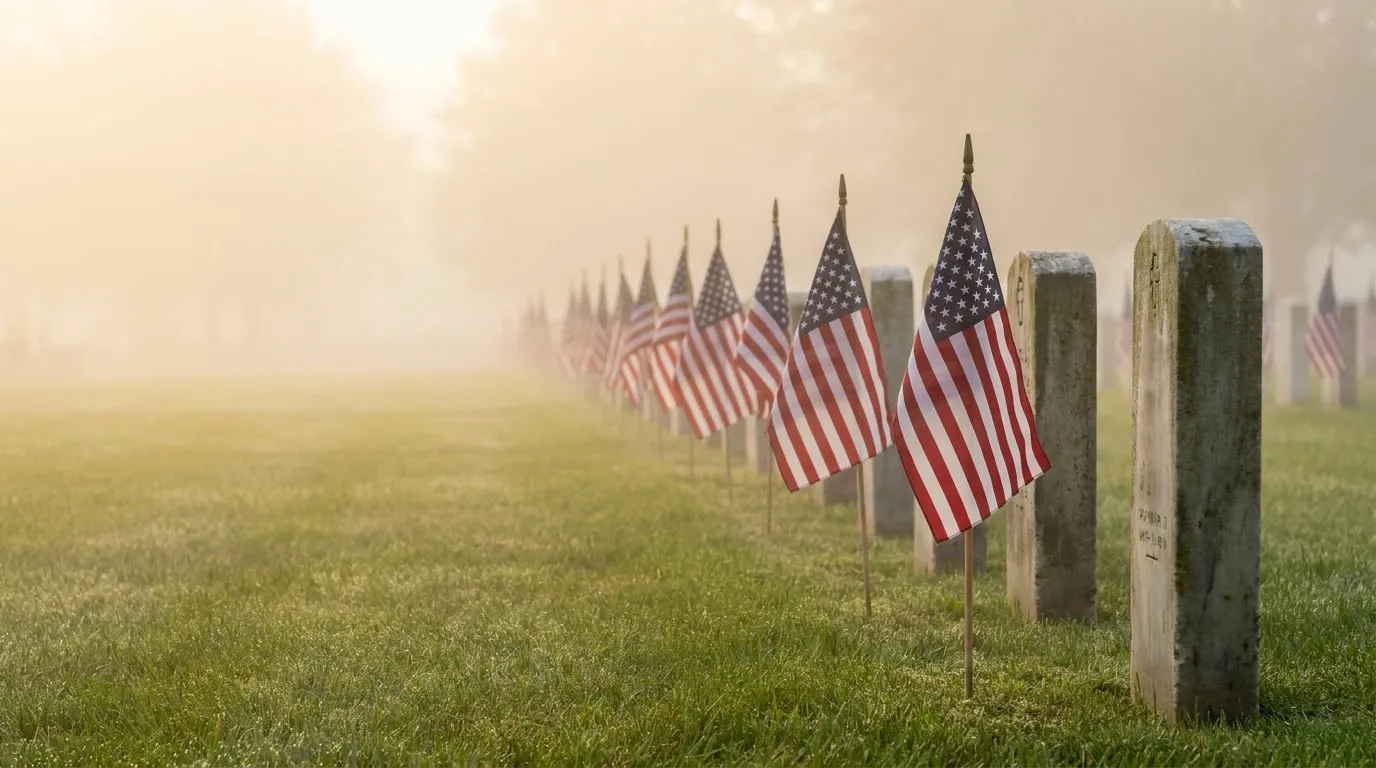 Small American flags standing reverently beside stone markers in a grassy memorial cemetery field