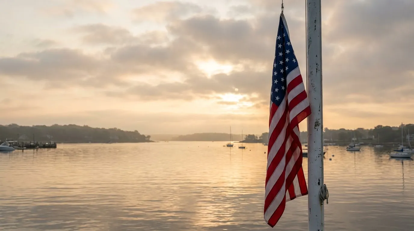 American flag flying at half-staff over calm blue harbor waters in early morning light