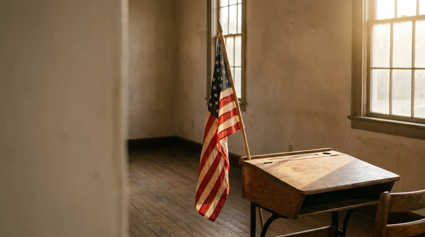 American flag standing beside a vintage wooden school desk and open book illustrating the history of the Pledge of Allegiance