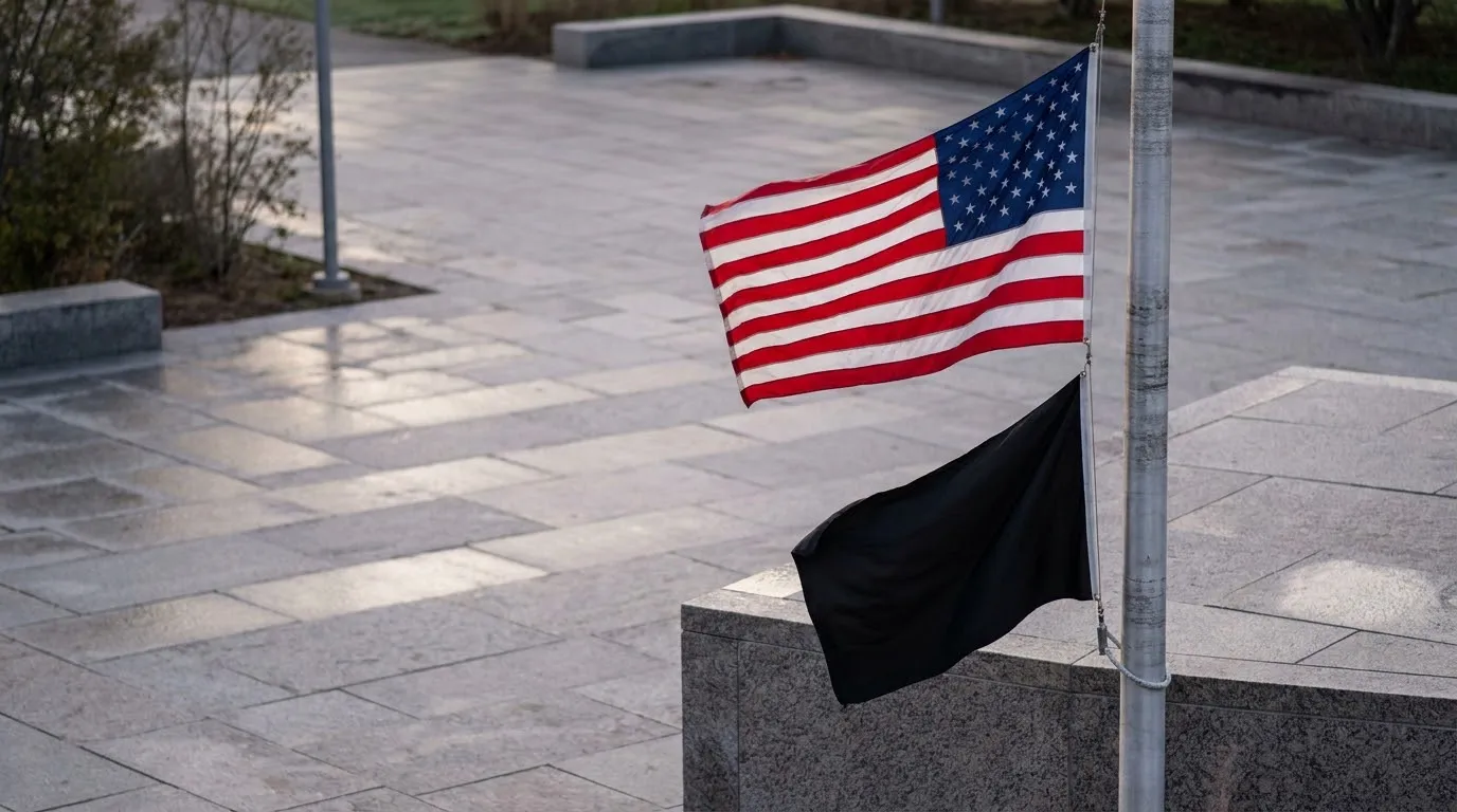 American flag flying above a black POW/MIA Recognition Day memorial banner against an overcast sky