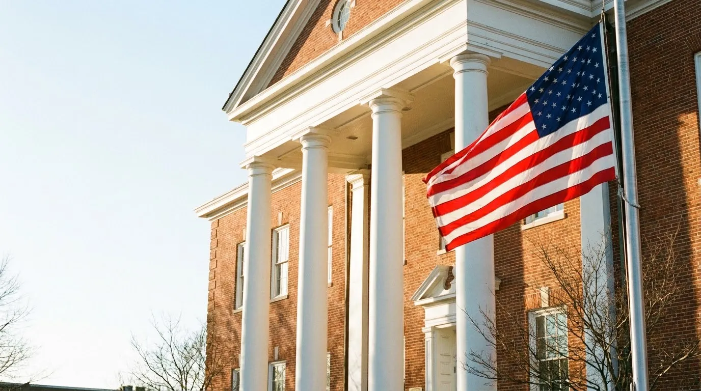 American flag flying outside a red brick colonial courthouse with white columns on Presidents Day