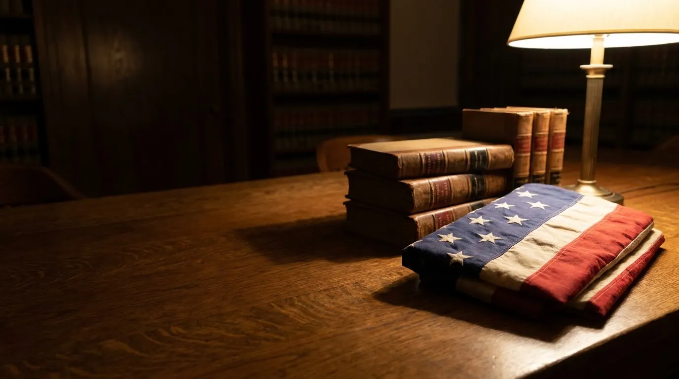 Leather-bound volumes of the United States Code resting beside a neatly folded American flag