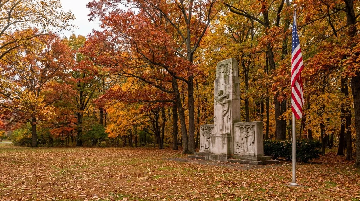 American flag waving beside a bronze community Veterans Day memorial in an autumn park