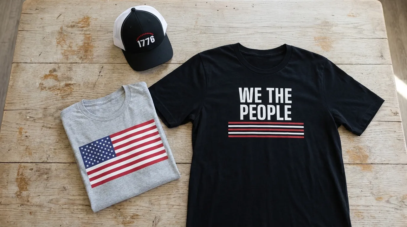 We the People t-shirt, American flag t-shirt and 1776 trucker hat laid out on a rustic wooden table